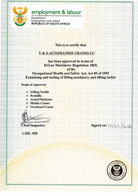 Preview of the Department of Employment and Labour approval for V and S Automation Cranes